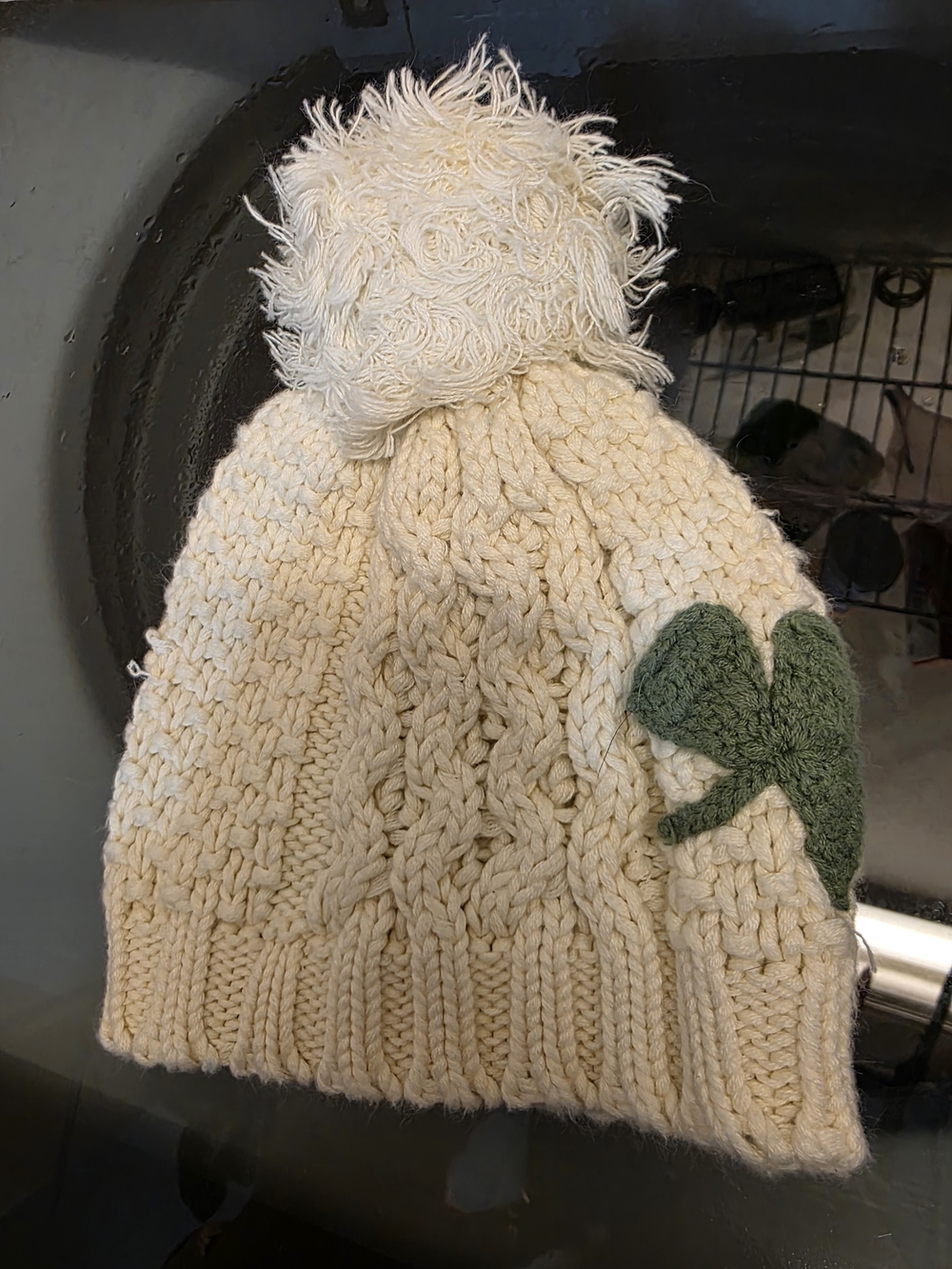 Patrick Francis Cream Cable Knit Pom Beanie with Shamrock Detail
